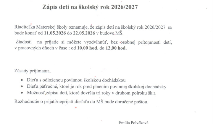 1. fotografia fotogalérie Aktuality / Zápis detí do Materskej školy - Óvoda Čoltovo - Beiratkozás az óvodába 2026/2027-es tanévre - foto