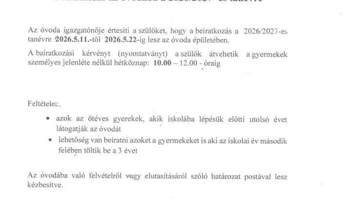 1. fotografia fotogalérie Aktuality / Beiratkozás az óvodába a 2026/2027 - es tanévre - foto
