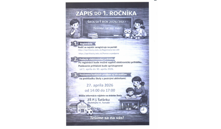 Zápis do 1. ročníka ZŠ P. J. Šafárika v Tornali
