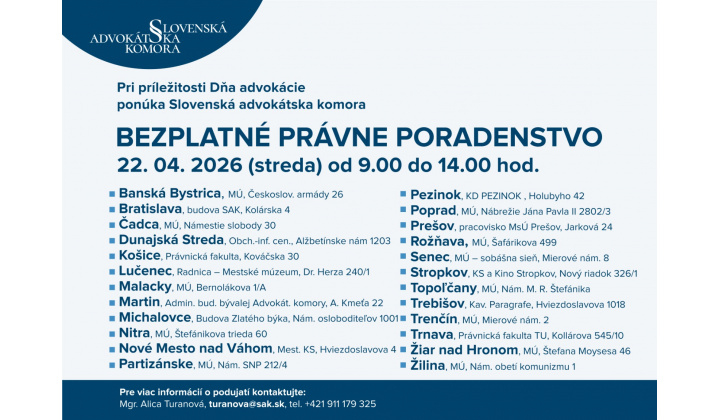 Bezplatné právne poradenstvo 22.4.2026 v Rožňave