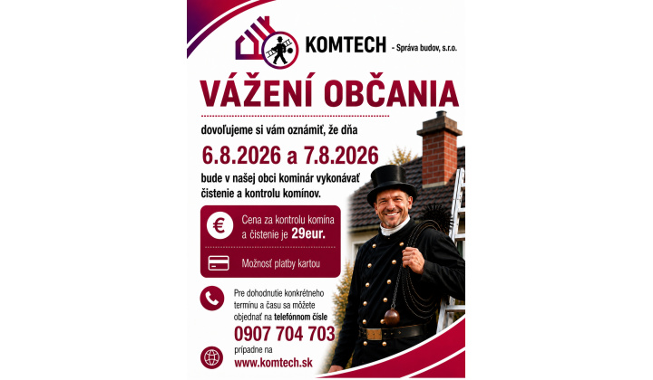 Čistenie a kontrola komínov 6.-7.8.2026