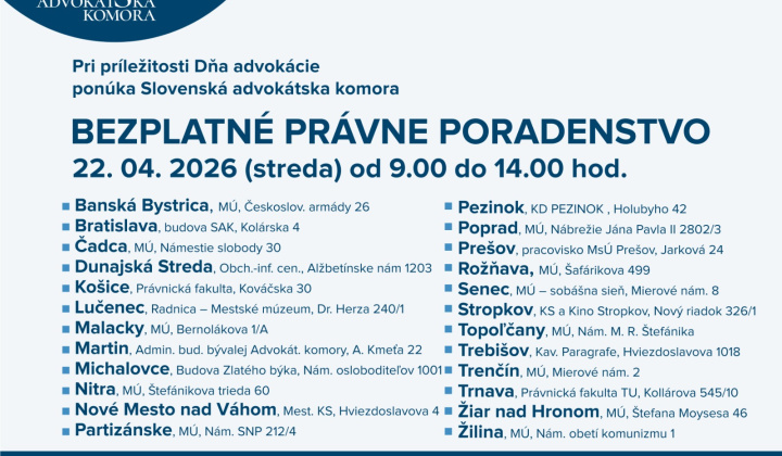 Fotka - Bezplatné právne poradenstvo 22.4.2026 v Rožňave