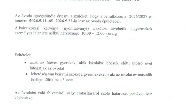Fotka - Beiratkozás az óvodába a 2026/2027 - es tanévre